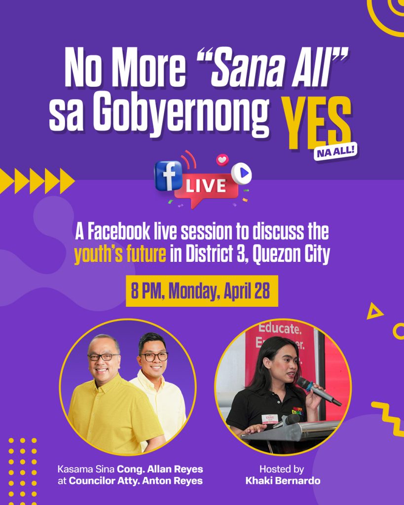 Promo poster for a Facebook Live session featuring Anton Reyes, Allan Reyes, and Khaki Bernardo discussing youth issues in Quezon City.